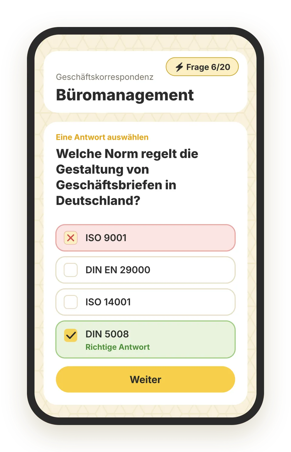 Beispielfrage aus der beezubi-App für Kauffrau für Büromanagement / Kaufmann für Büromanagement, Lernbereich Geschäftskorrespondenz: „Welche Norm regelt die Gestaltung von Geschäftsbriefen in Deutschland?“ – die richtige Antwort ist grün markiert.