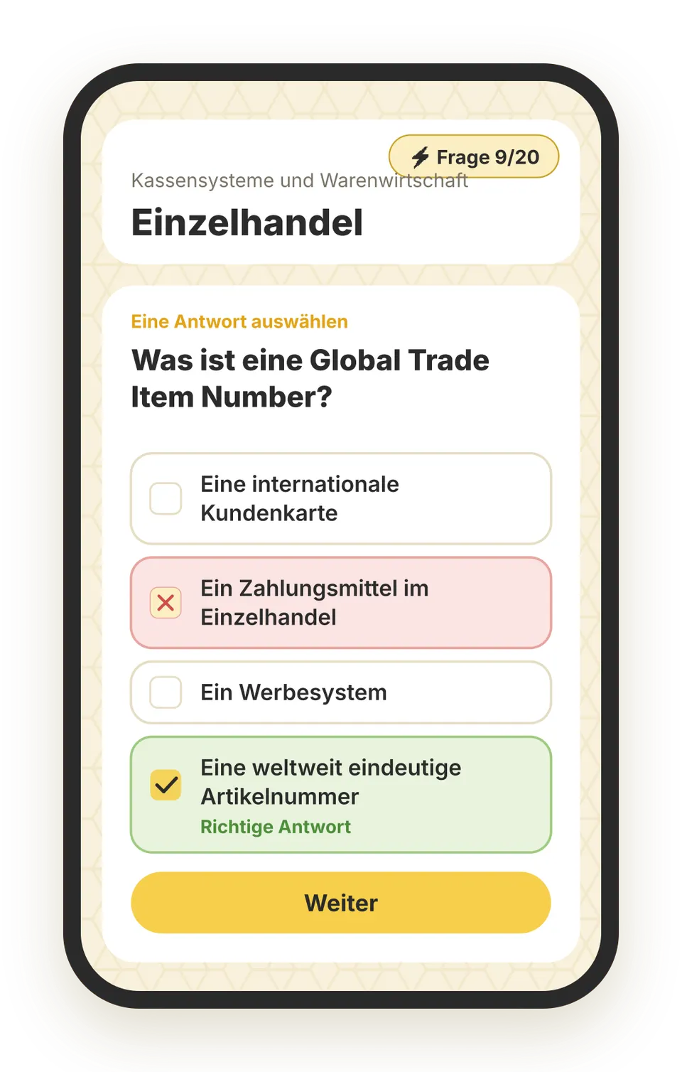 Beispielfrage aus der beezubi-App für Kauffrau im Einzelhandel / Kaufmann im Einzelhandel, Lernbereich Kassensysteme und Warenwirtschaft: „Was ist eine Global Trade Item Number?“ – die richtige Antwort ist grün markiert.