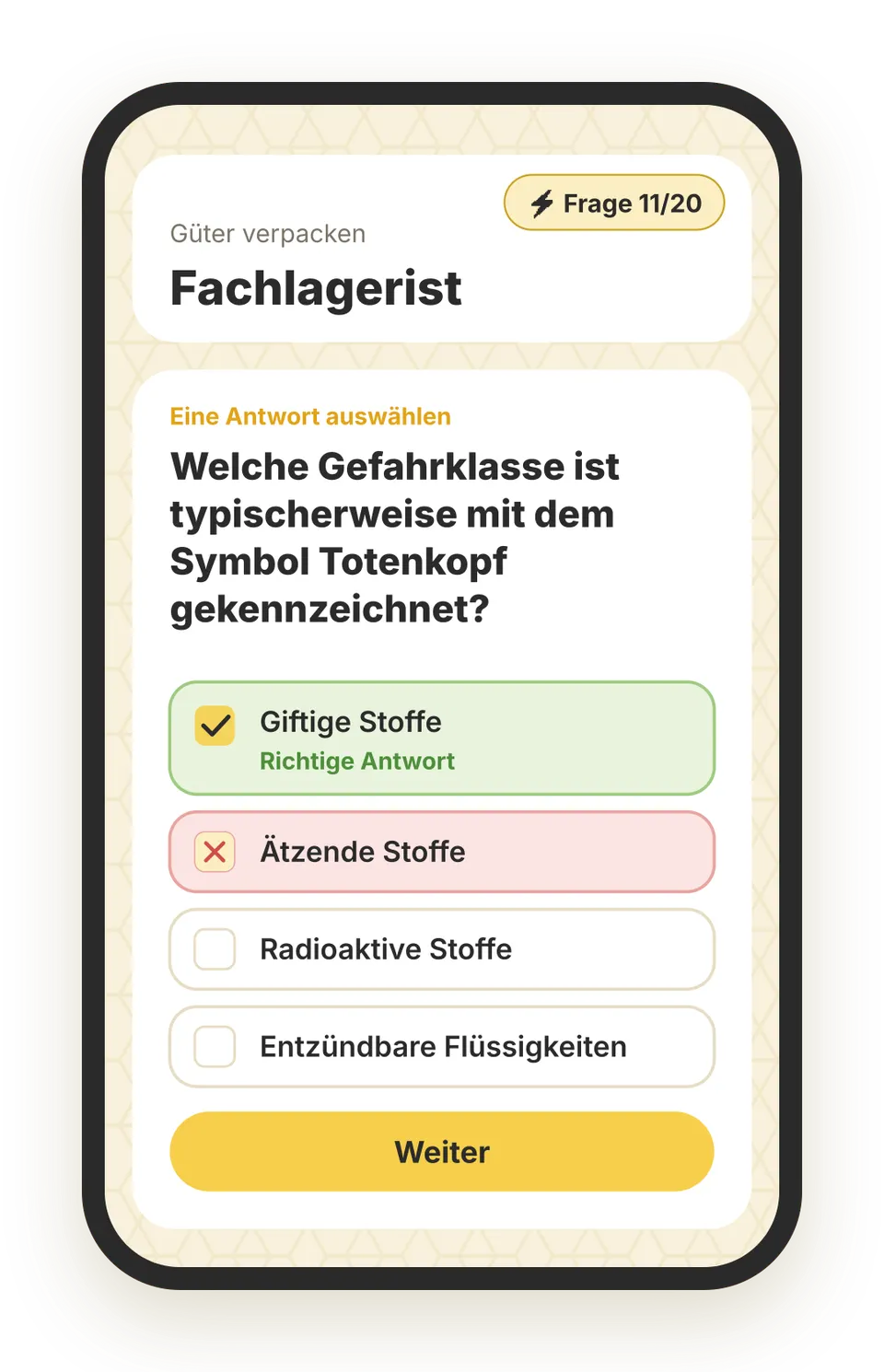 Beispielfrage aus der beezubi-App für Fachlagerist / Fachlageristin, Lernbereich Güter verpacken: „Welche Gefahrklasse ist typischerweise mit dem Symbol Totenkopf gekennzeichnet?“ – die richtige Antwort ist grün markiert.