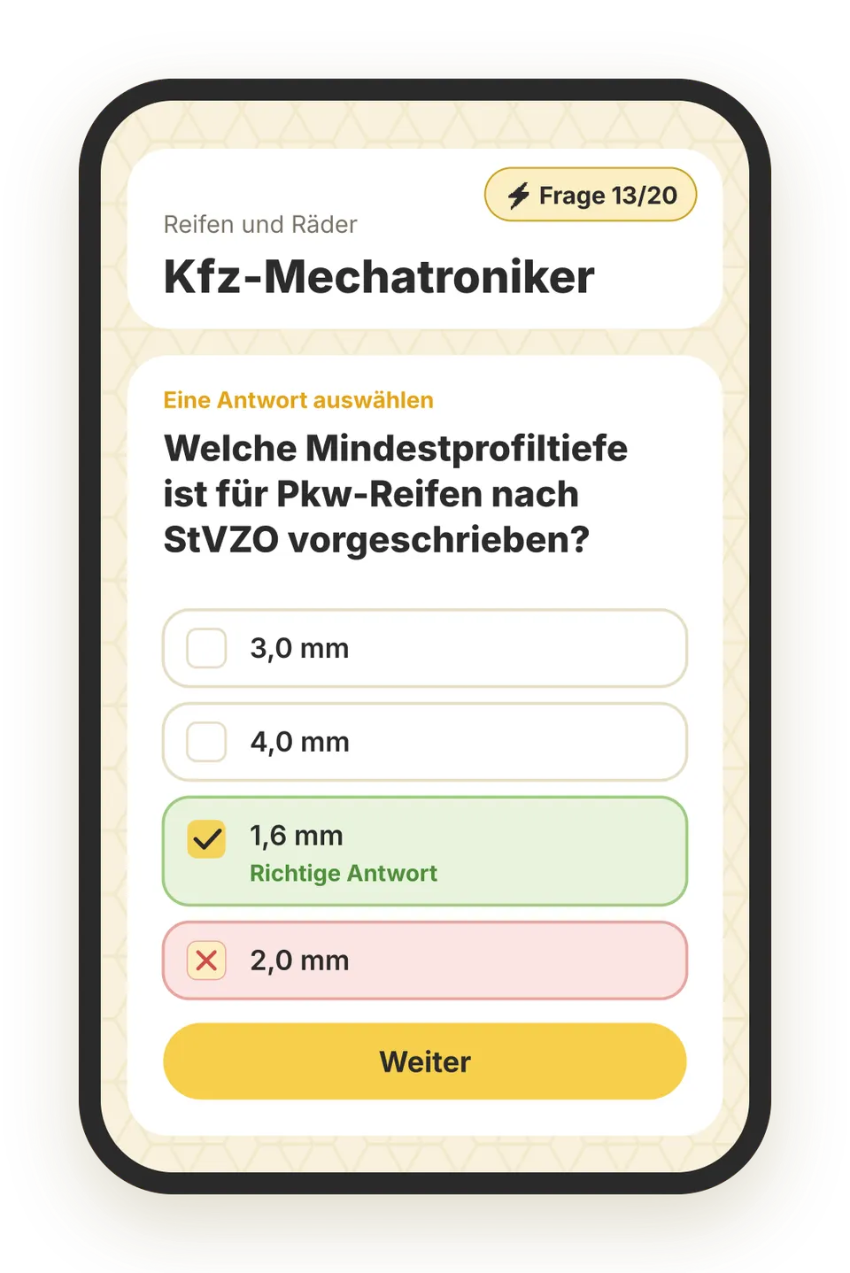 Beispielfrage aus der beezubi-App für Kraftfahrzeugmechatroniker / Kraftfahrzeugmechatronikerin, Lernbereich Reifen und Räder: „Welche Mindestprofiltiefe ist für Pkw-Reifen nach StVZO vorgeschrieben?“ – die richtige Antwort ist grün markiert.
