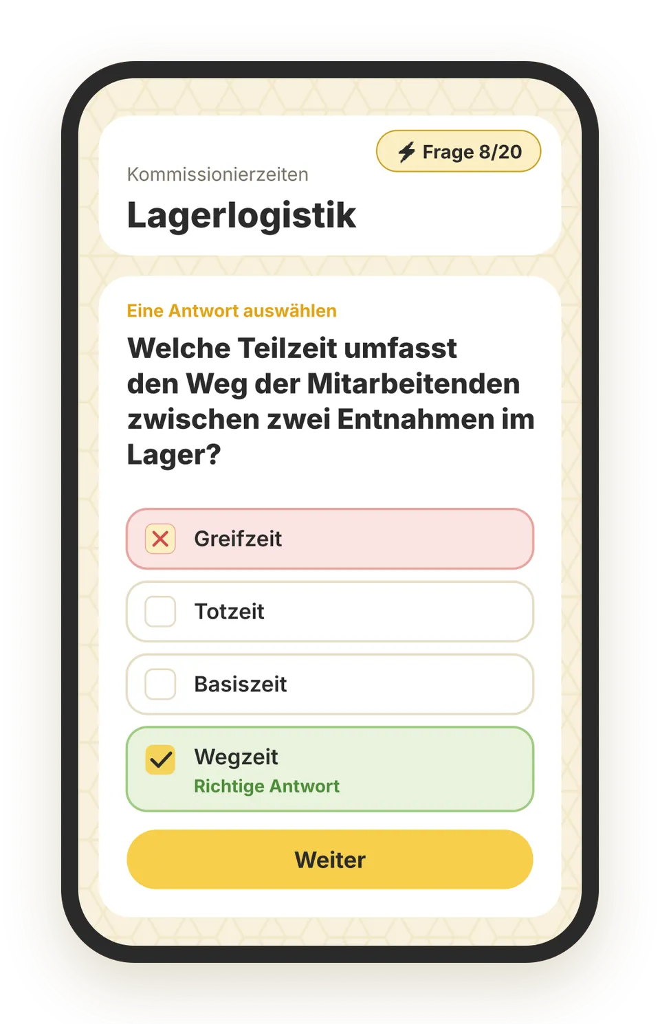 Beispielfrage aus der beezubi-App für Fachkraft für Lagerlogistik, Lernbereich Kommissionierzeiten: „Welche Teilzeit umfasst den Weg der Mitarbeitenden zwischen zwei Entnahmen im Lager?“ – die richtige Antwort ist grün markiert.