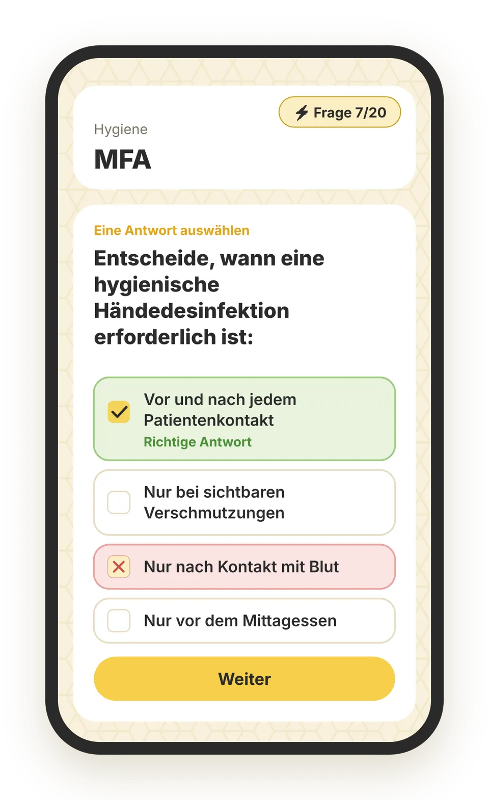 Beispielfrage aus der beezubi-App für Medizinische Fachangestellte / Medizinischer Fachangestellter, Lernbereich Hygiene: „Entscheide, wann eine hygienische Händedesinfektion erforderlich ist:“ – die richtige Antwort ist grün markiert.