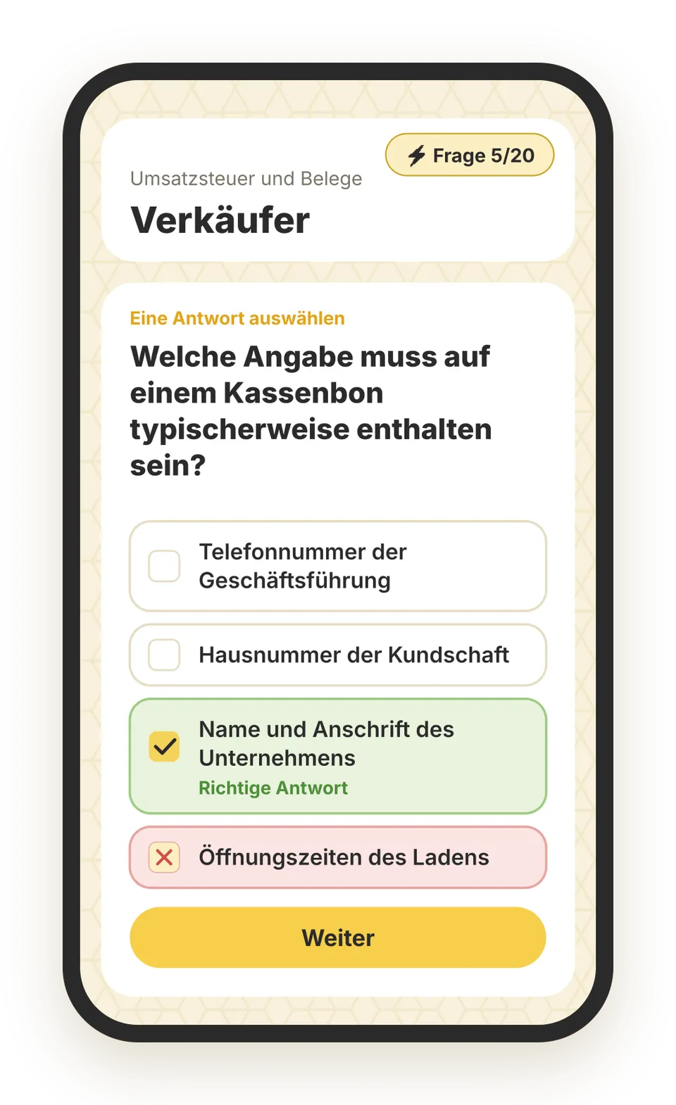 Beispielfrage aus der beezubi-App für Verkäufer / Verkäuferin, Lernbereich Umsatzsteuer und Belege: „Welche Angabe muss auf einem Kassenbon typischerweise enthalten sein?“ – die richtige Antwort ist grün markiert.